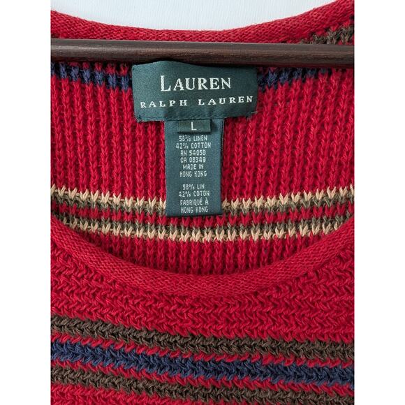 Vintage Lauren Ralph Lauren Womens Y2K Red Stripe Knit Tank Top Linen Blend Sz L - Picture 2 of 6